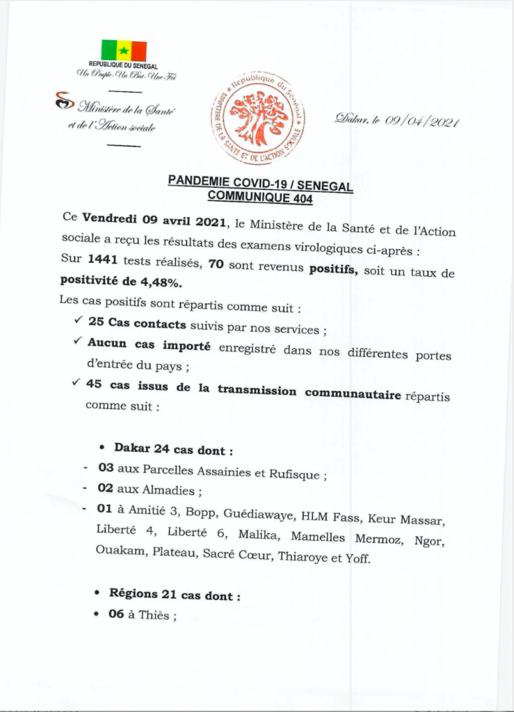 COVID-19 Sénégal : Communiqué 404/09 Avril 2 170641155 2835444883362064 5369648610587036459 n