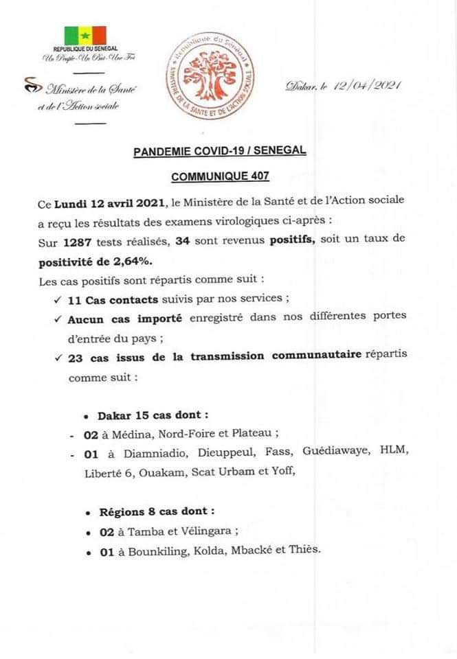COVID-19 Sénégal : Communiqué 407/12 Avril 2 172393125 2837720493134503 3665541044053158125 n