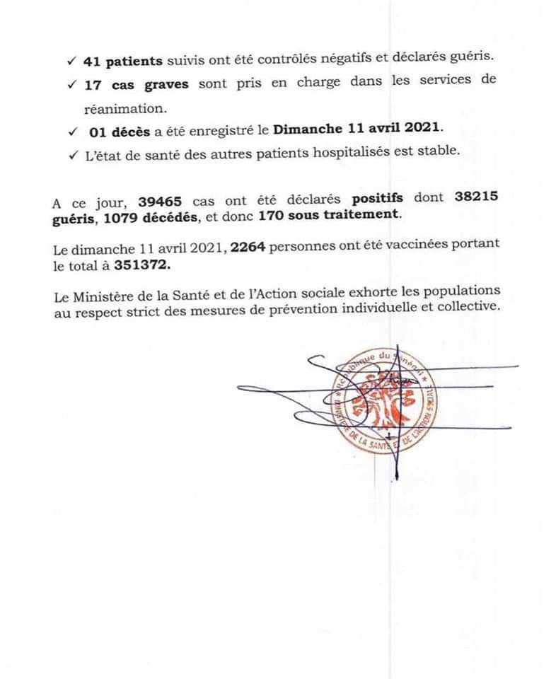 COVID-19 Sénégal : Communiqué 407/12 Avril 3 172683845 2837720549801164 8750619475552039477 n