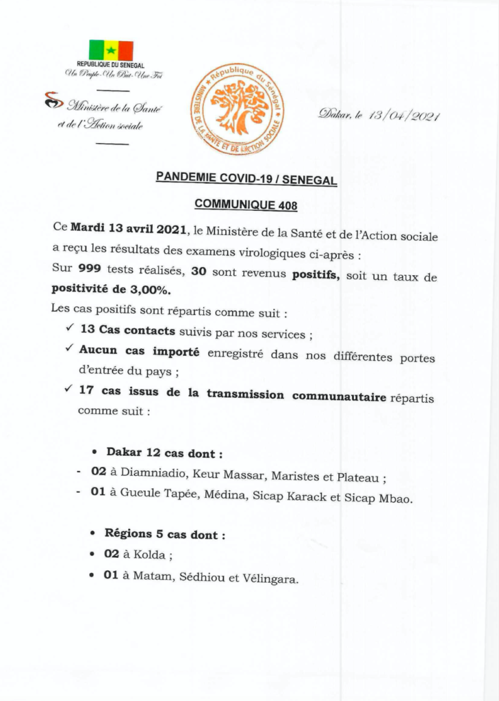 COVID-19 Sénégal : Communiqué 408/13 Avril 2 173242094 2838416766398209 907772543164224237 n