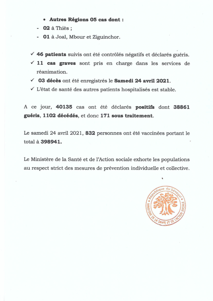 COVID-19 Sénégal : Communiqué 421/26 Avril 3 174195218 2847581692148383 8908138794943353604 n