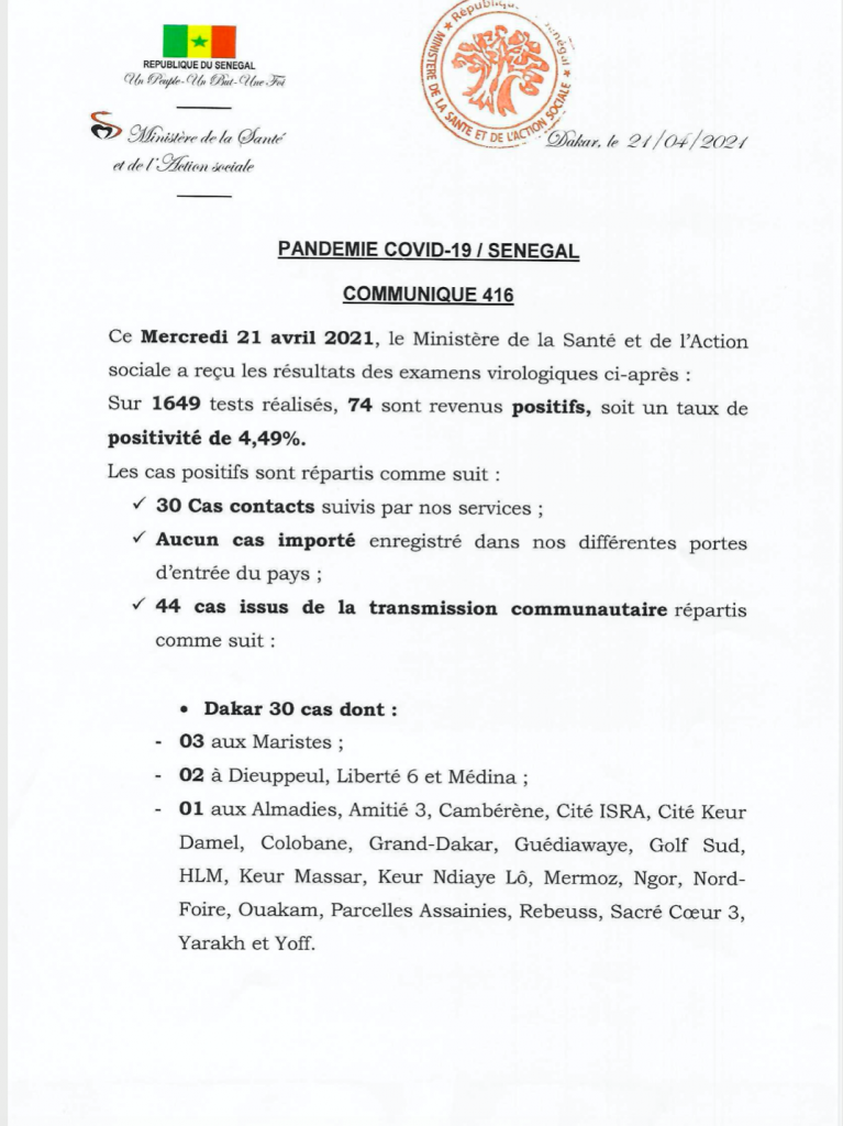 COVID-19 Sénégal : Communiqué 416/21 Avril 2 175586111 2844133149159904 576314881454084718 n