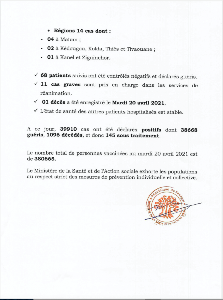 COVID-19 Sénégal : Communiqué 416/21 Avril 3 176540725 2844133182493234 5759607911264219965 n