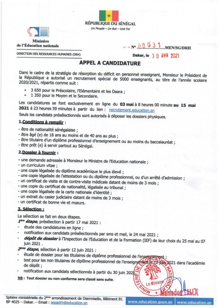 Appel à candidature pour le recrutement spécial de 5000 enseignants (Préscolaire, Élémentaire, Moyen, Secondaire et Daara) - 2021 2 181200315 3039366199617019 4537103045831947741 n