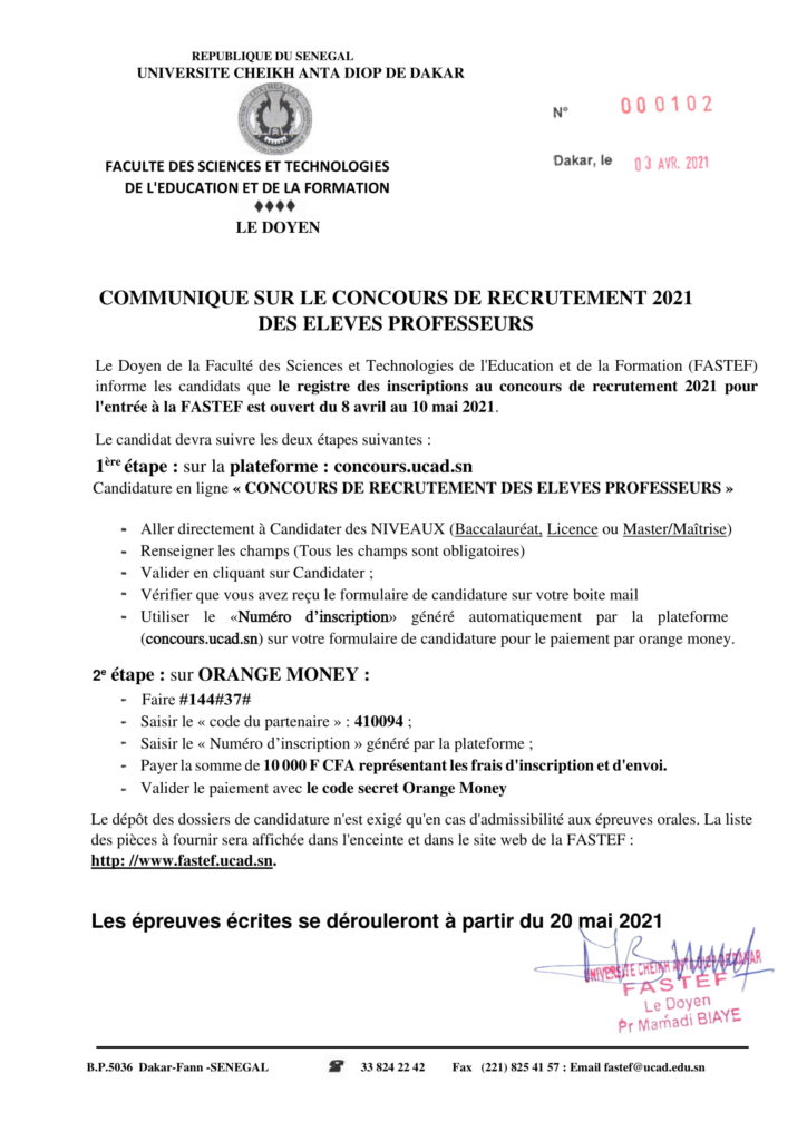 Concours FASTEF 2021 pour le recrutement des élèves professeurs 2 le communique concours eleves professeurs 2021 0 1