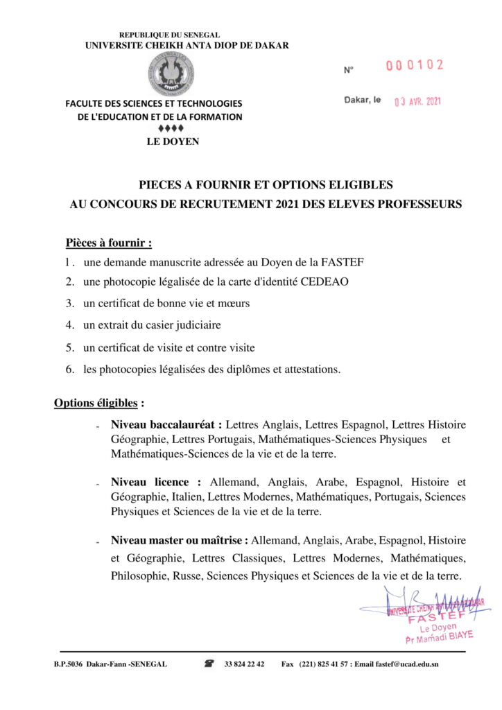 Concours FASTEF 2021 pour le recrutement des élèves professeurs 3 le communique concours eleves professeurs 2021 0 2