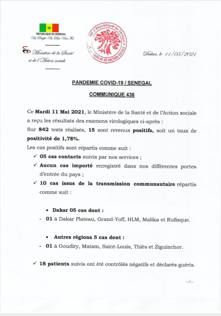 COVID-19 Sénégal : Communiqué 436/11 Mai 2 185321690 2858059597767259 7959366550030260416 n