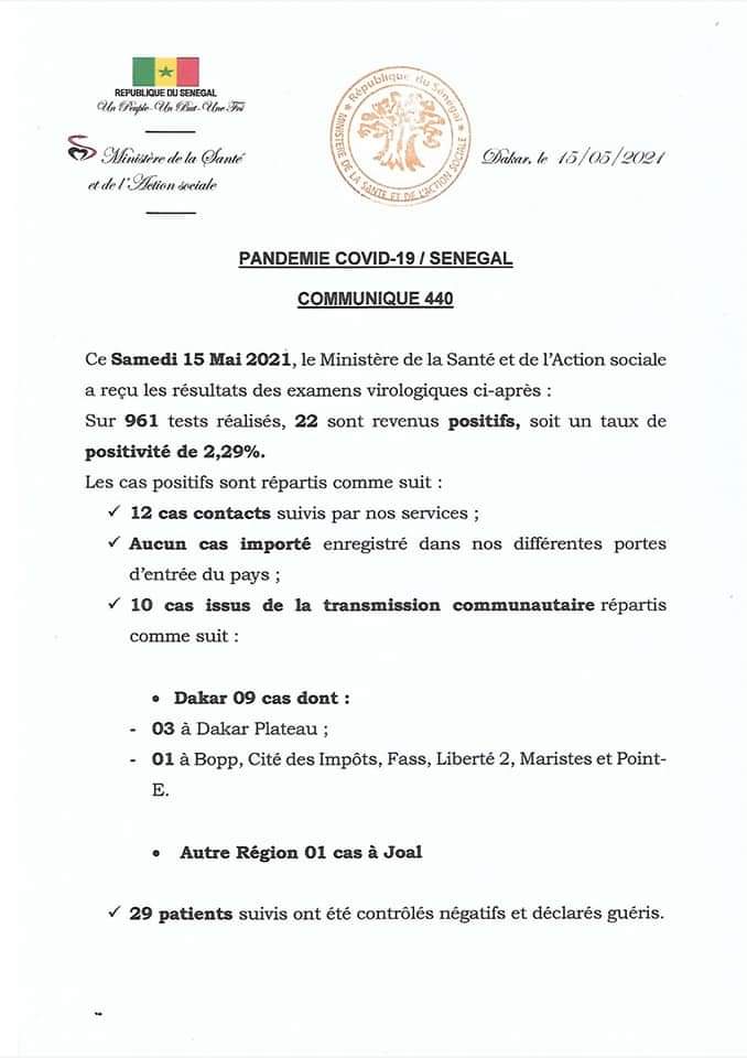 COVID-19 Sénégal : Communiqué 440/15 Mai 2 186263299 2860930254146860 1199073519131635713 n