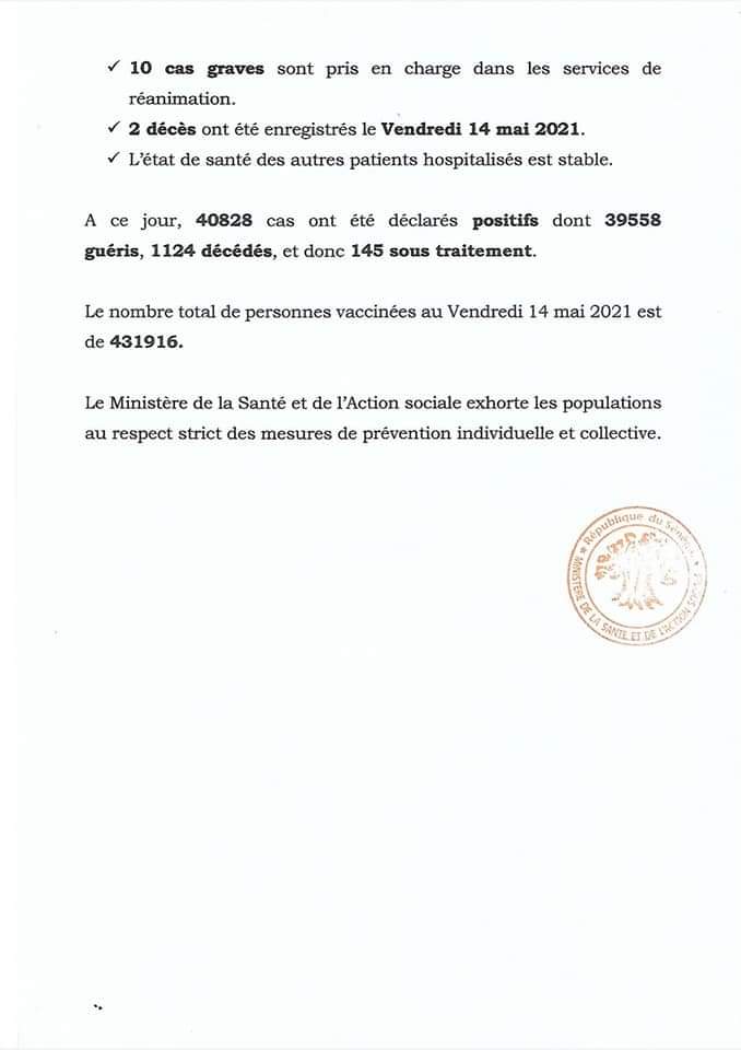COVID-19 Sénégal : Communiqué 440/15 Mai 3 186482637 2860930280813524 2570451336617761696 n