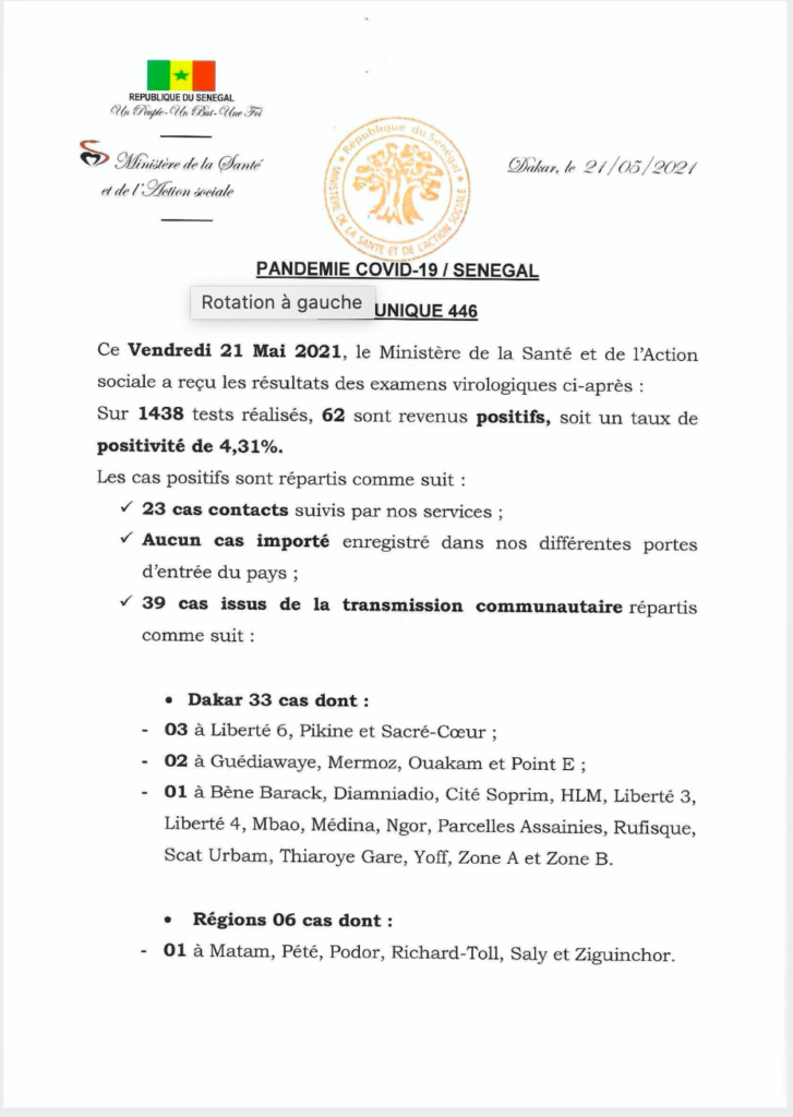 COVID-19 Sénégal : Communiqué 446/21 Mai 2 187984532 2865302503709635 8371326974551816117 n