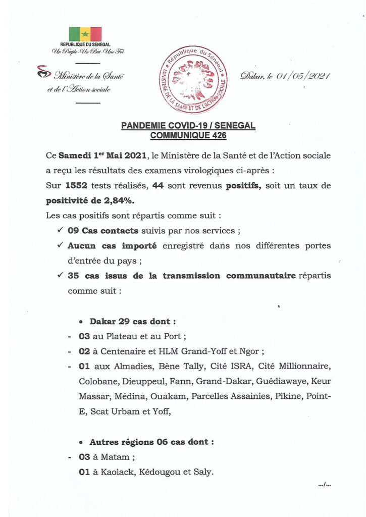 COVID-19 Sénégal : Communiqué 426/01 Mai 2 COMMUNIQUE 426 DU 01 MAI 2021 1