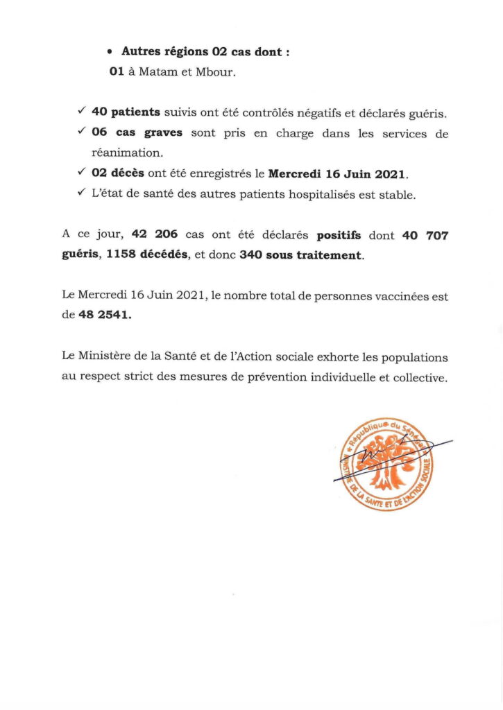 COVID-19 Sénégal : Communiqué 473/17 Juin 2 COMMUNIQUE 473 covid19 2
