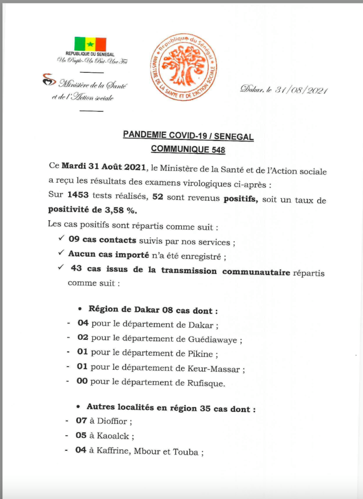 COVID-19 Sénégal : Communiqué 548/31 Août 2 241165282 2938919163014635 8537610518705877039 n