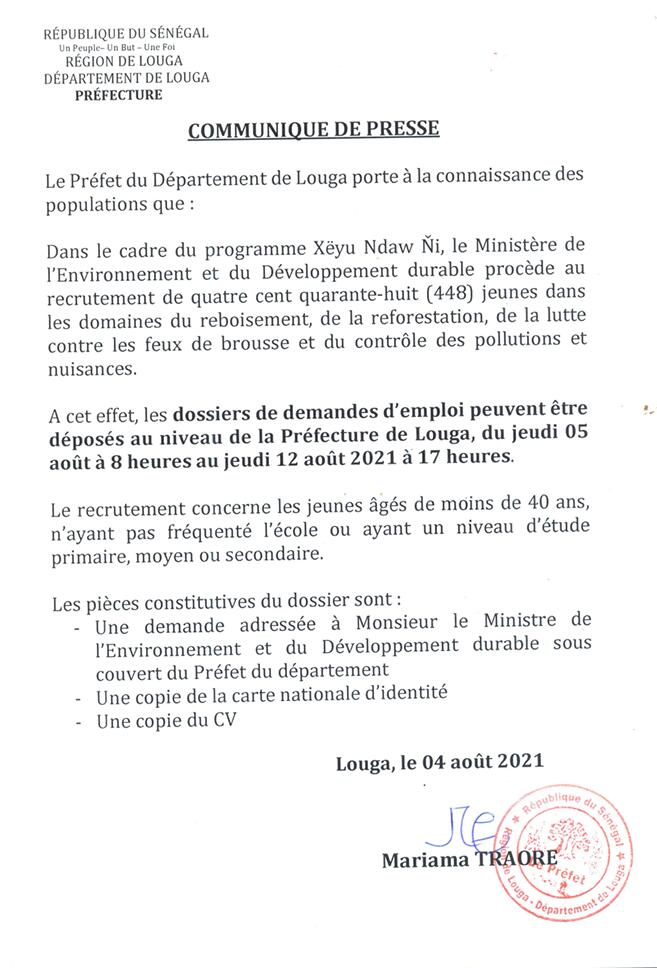 Région de Louga : recrutement de 448 jeunes pour le Ministère de l'Environnement et du Développement Durable 2 WhatsApp Image 2021 08 05 at 15.22.15 1