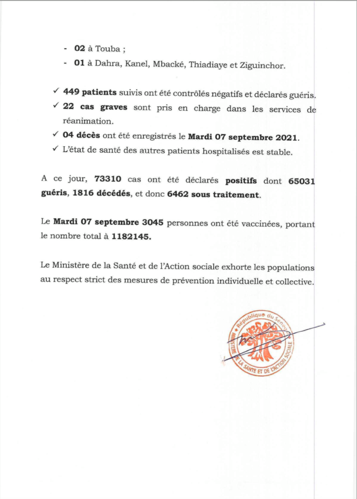 COVID-19 Sénégal : Communiqué 556/08 Septembre 3 241637600 2944710745768810 3859545444343648510 n