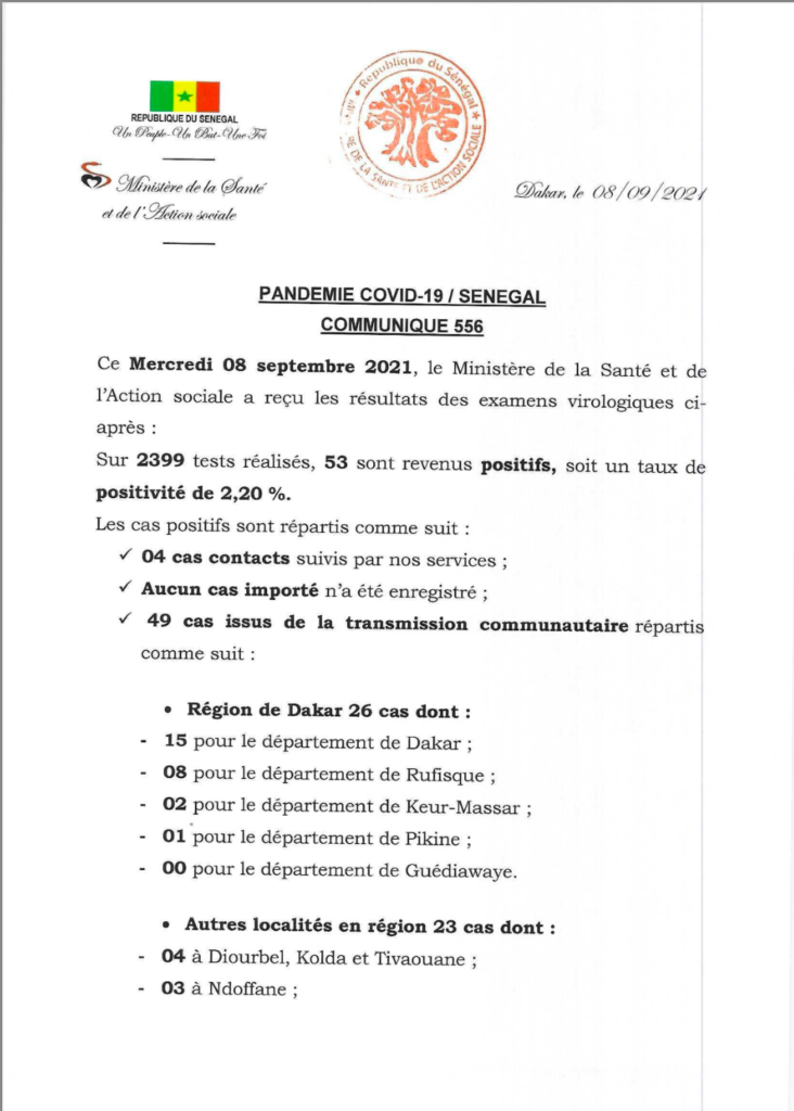 COVID-19 Sénégal : Communiqué 556/08 Septembre 2 241638076 2944710682435483 6376826441750122090 n