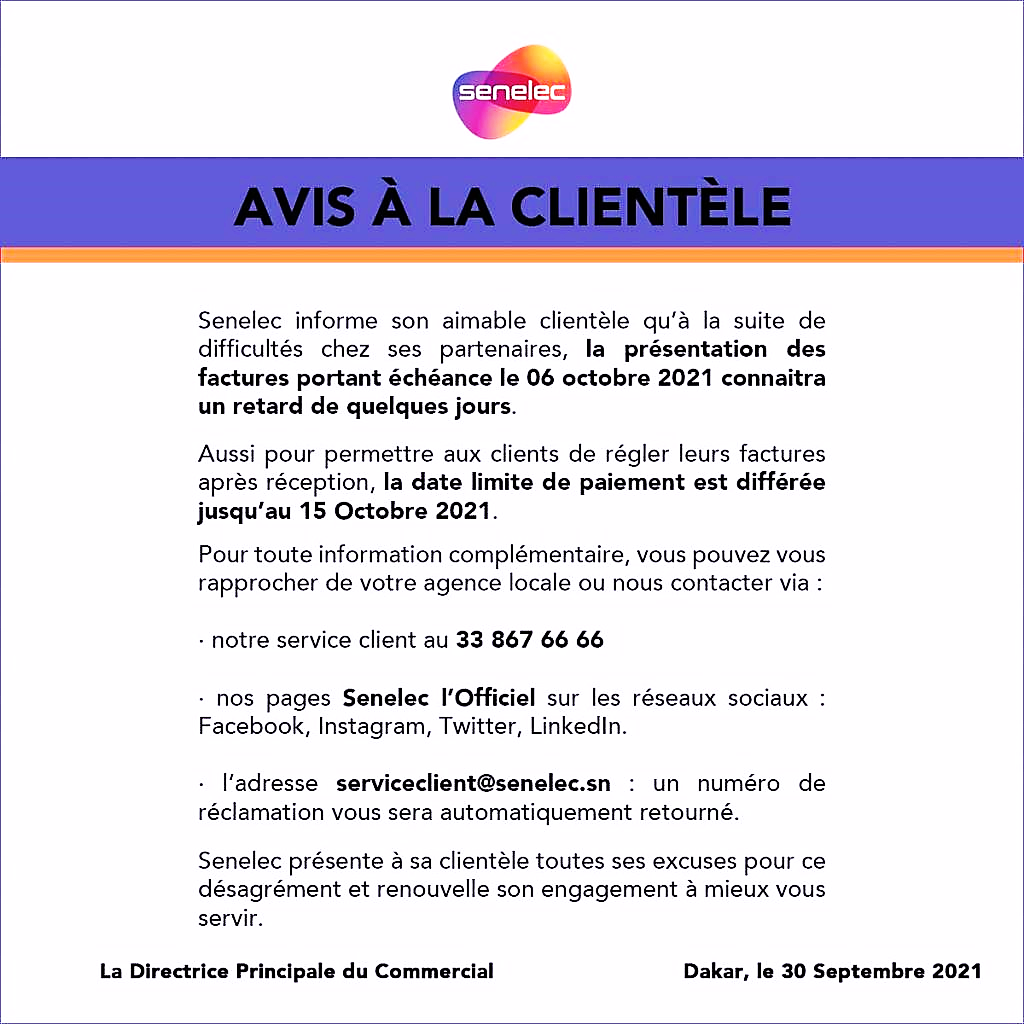 🇸🇳 Factures : La Senelec repousse la date limite de paiement 2 avis clientele senelec