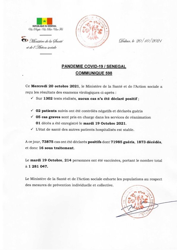 🇸🇳 COVID-19 Sénégal : Communiqué 598/20 Octobre (0 cas) 2 246465111 189712163346034 1948256170939027347 n