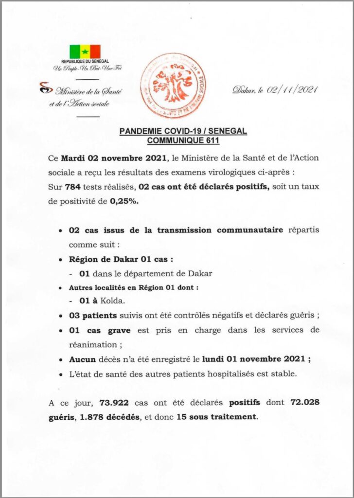 🇸🇳 COVID-19 Sénégal : Communiqué 611/02 Novembre 2 251732472 198538562463394 7470323217011507079 n