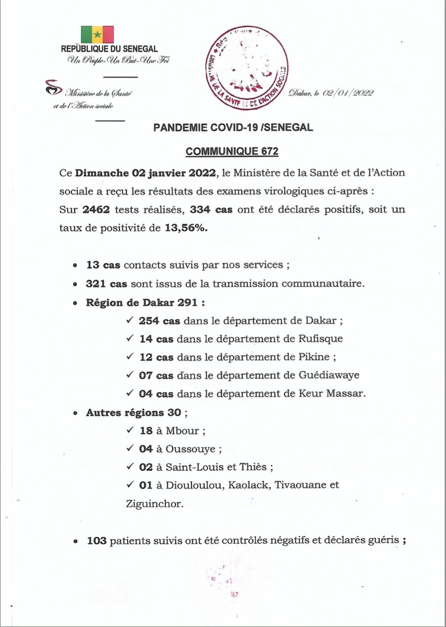 🇸🇳 COVID-19 Sénégal : Communiqué 672/02 Janvier 2022 2 20220102 195756