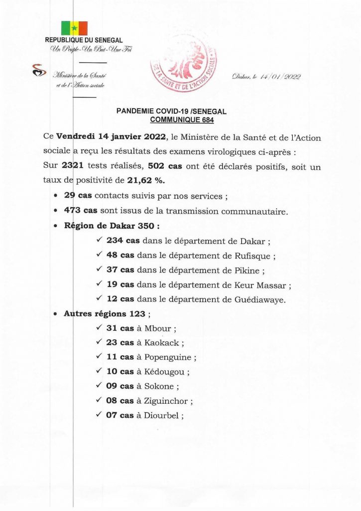🇸🇳 COVID-19 Sénégal : Communiqué 684/14 Janvier 2022 2 COMMUNIQUE 684 du 14 01 2022 1 1