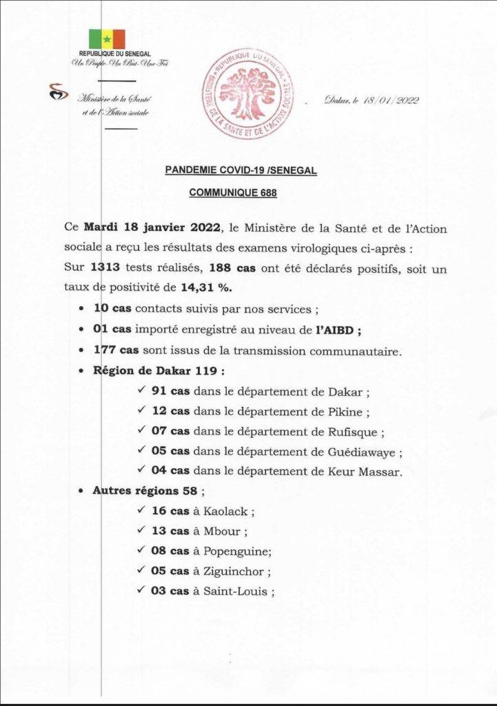 🇸🇳 COVID-19 Sénégal : Communiqué 688/18 Janvier 2022 2 FJYViOMX0AMqLXE