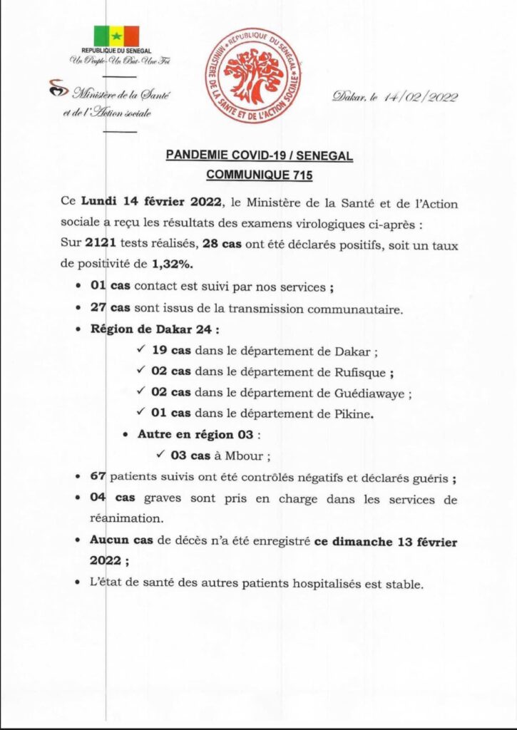 🇸🇳 COVID-19 Sénégal : Communiqué 714/14 Février 2022 2 274084902 264273359223247 1584393142211302269 n