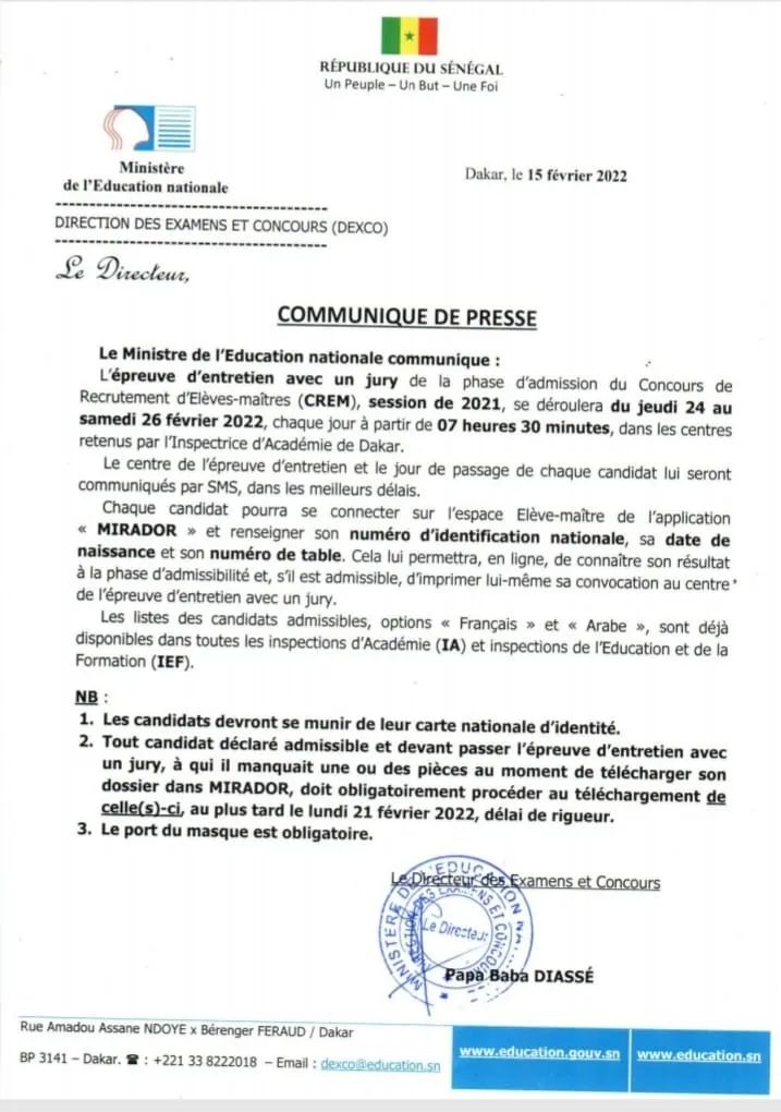 🇸🇳 Phase d'admission du CREM : Déroulement de l'épreuve d'entretien avec le jury (Calendrier et conditions) 2 FB IMG 1644967796745 2