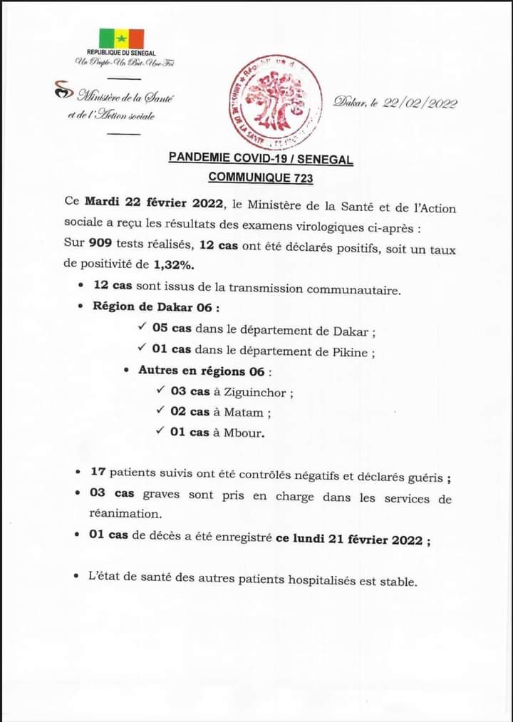 🇸🇳 COVID-19 Sénégal : Communiqué 723/22 Février 2022 2 FB IMG 1645527312434