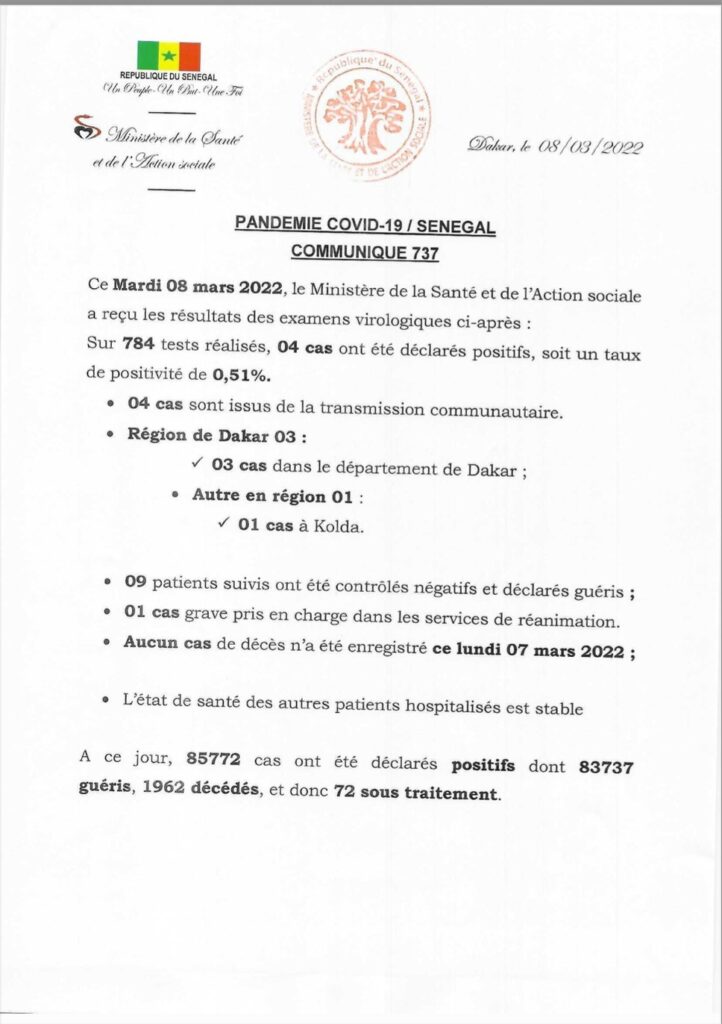 🇸🇳 COVID-19 Sénégal : Communiqué 737/08 Mars 2022 2 275487319 278622541121662 5360742870676666175 n