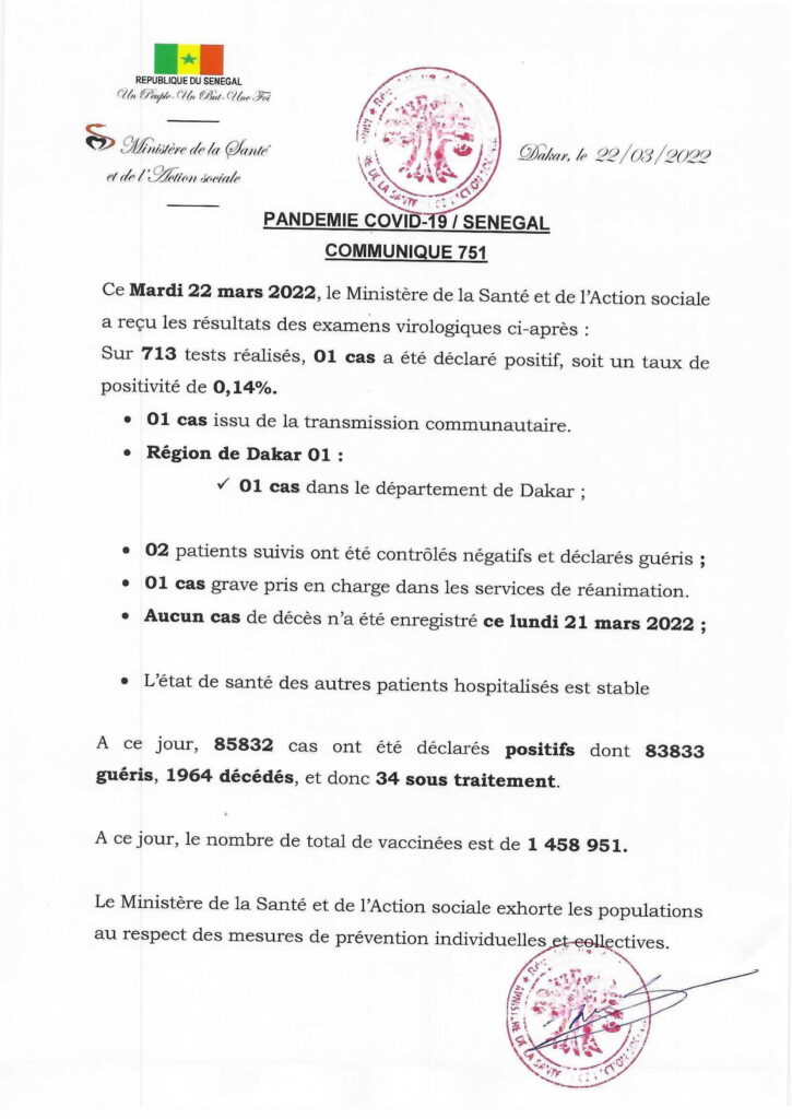 🇸🇳 COVID-19 Sénégal : Communiqué 751/22 Mars 2022 2 COMMUNIQUE 751 du mardi 22 mars 2022 1