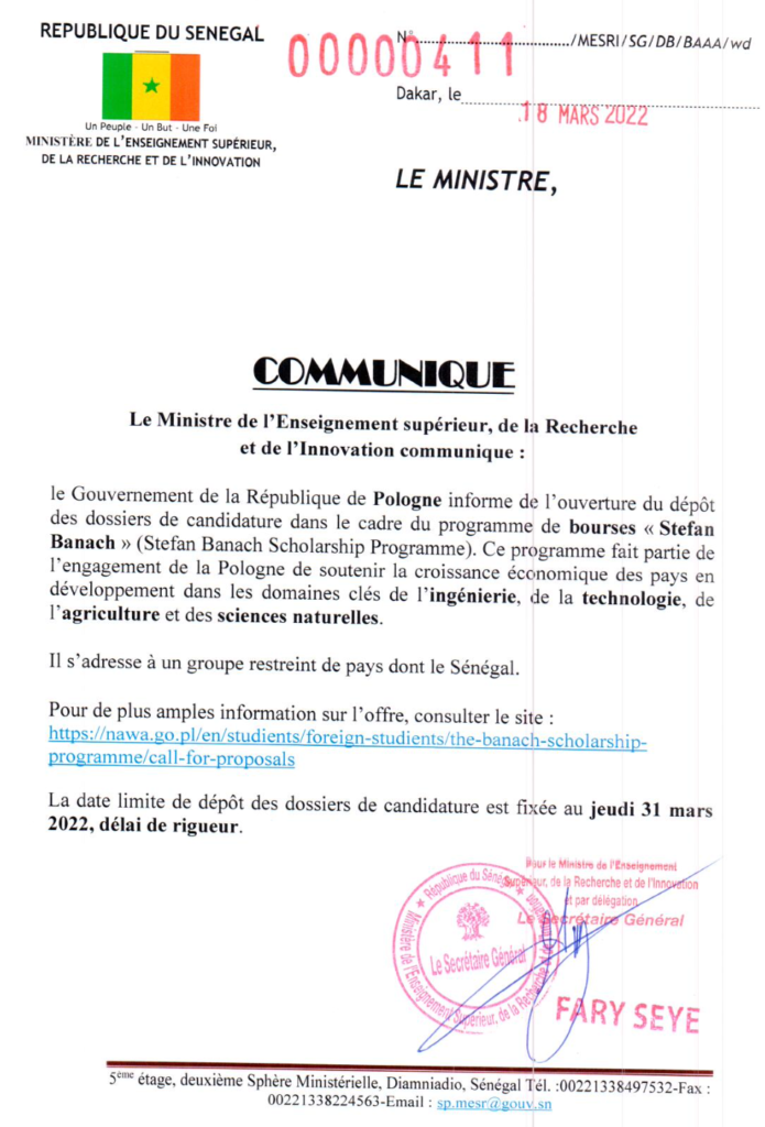 🇸🇳 Bourses d’études en Pologne : Ouverture du dépôt des dossiers de candidatures dans le cadre du programme de bourses « Stefan Banach » 2 bourses de la pologne