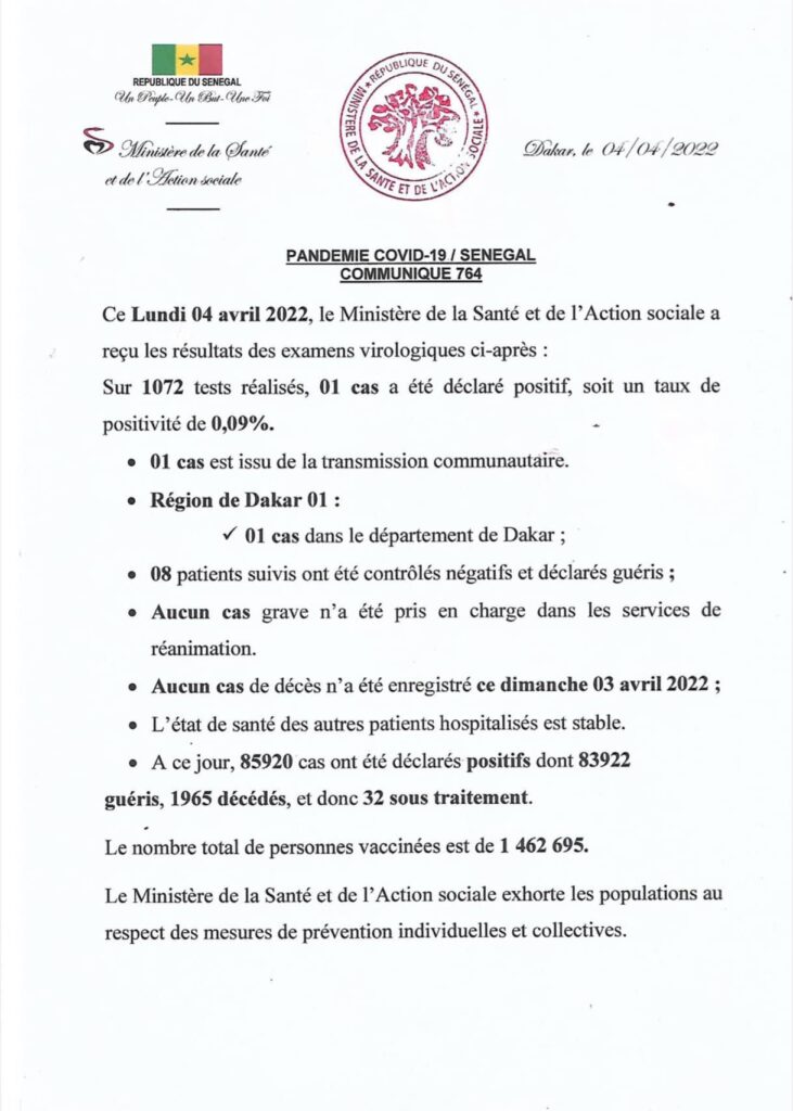 🇸🇳 COVID-19 Sénégal : Communiqué 764/04 Avril 2022 2 277566335 296337926016790 2106819732011937993 n