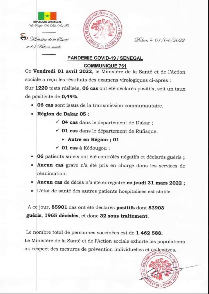 🇸🇳 COVID-19 Sénégal : Communiqué 761/01 Avril 2022 2 FB IMG 1648815161561