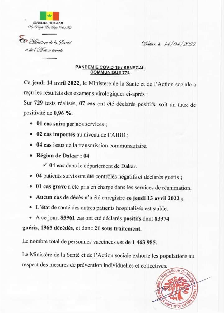 🇸🇳 COVID-19 Sénégal : Communiqué 774/14 Avril 2022 2 FB IMG 1649945794491