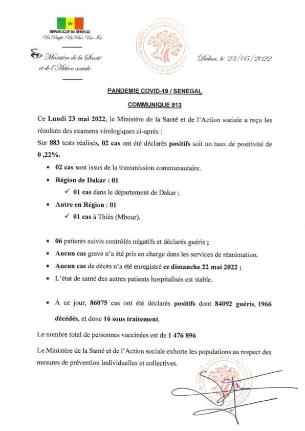 🇸🇳 COVID-19 Sénégal : Communiqué 813/23 Mai 2022 2 1653381299457