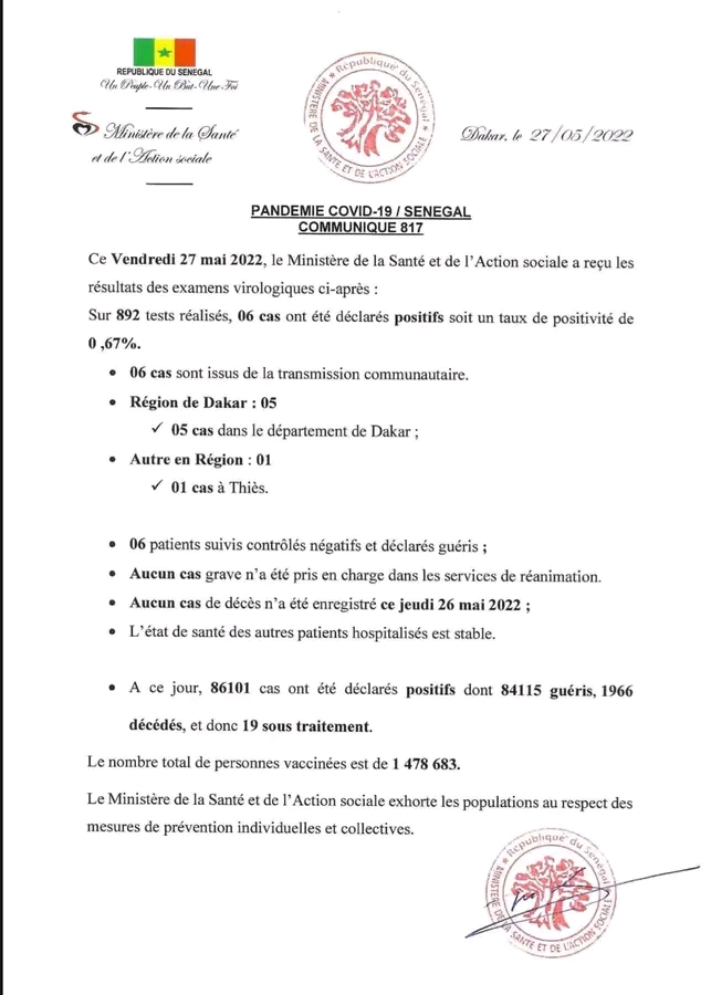 🇸🇳 COVID-19 Sénégal : Communiqué 817/27 Mai 2022 2 1653654614627