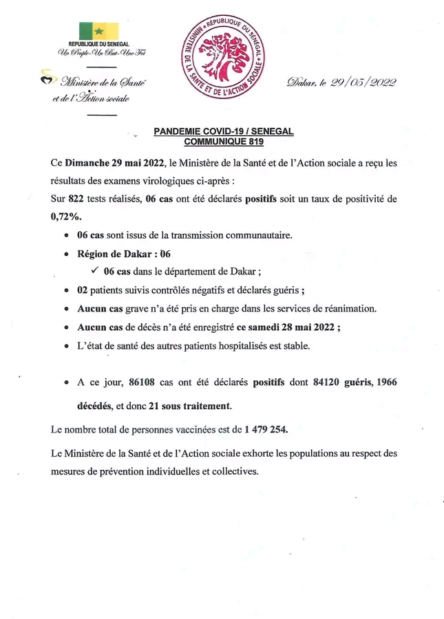 🇸🇳 COVID-19 Sénégal : Communiqué 819/29 Mai 2022 2 1653824999362