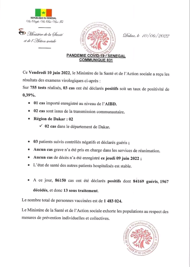 🇸🇳 COVID-19 Sénégal : Communiqué 831/10 Juin 2022 2 1654870040328