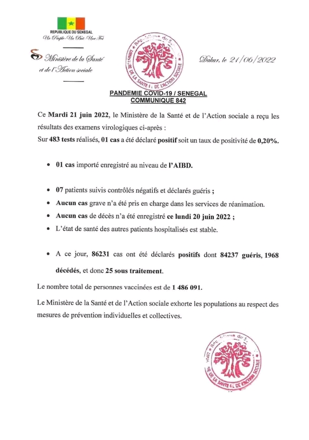 🇸🇳 COVID-19 Sénégal : Communiqué 842/21 Juin 2022 2 1655815688285