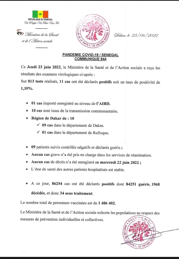 🇸🇳 COVID-19 Sénégal : Communiqué 844/23 Juin 2022 2 1655994442543