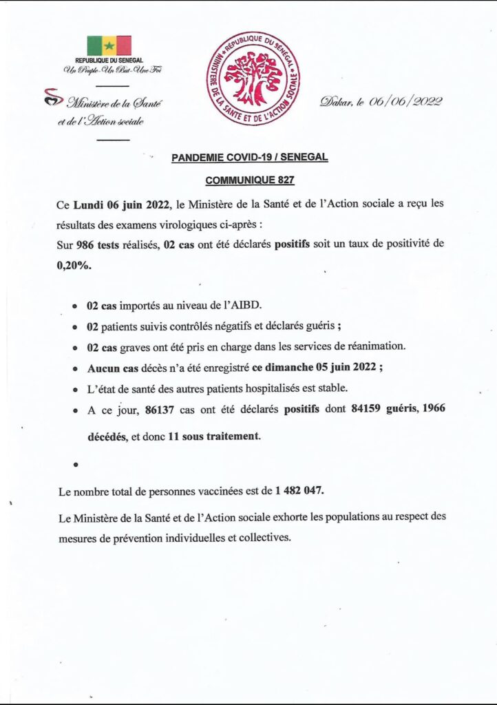 🇸🇳 COVID-19 Sénégal : Communiqué 827/06 Juin 2022 2 286396218 338531615130754 3751135662280560882 n