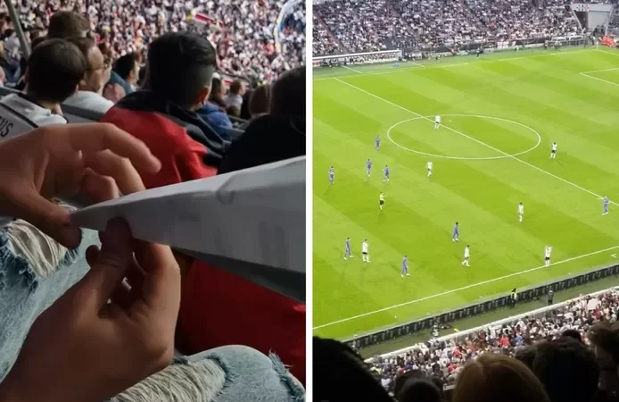 ⁉️ (Vidéo) L’incroyable trajectoire d’un avion en papier lancé des tribunes d’un stade de football