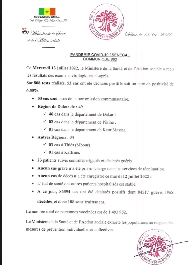 🇸🇳 COVID-19 Sénégal : Communiqué 865/13 Juillet 2022 2 1657710335244