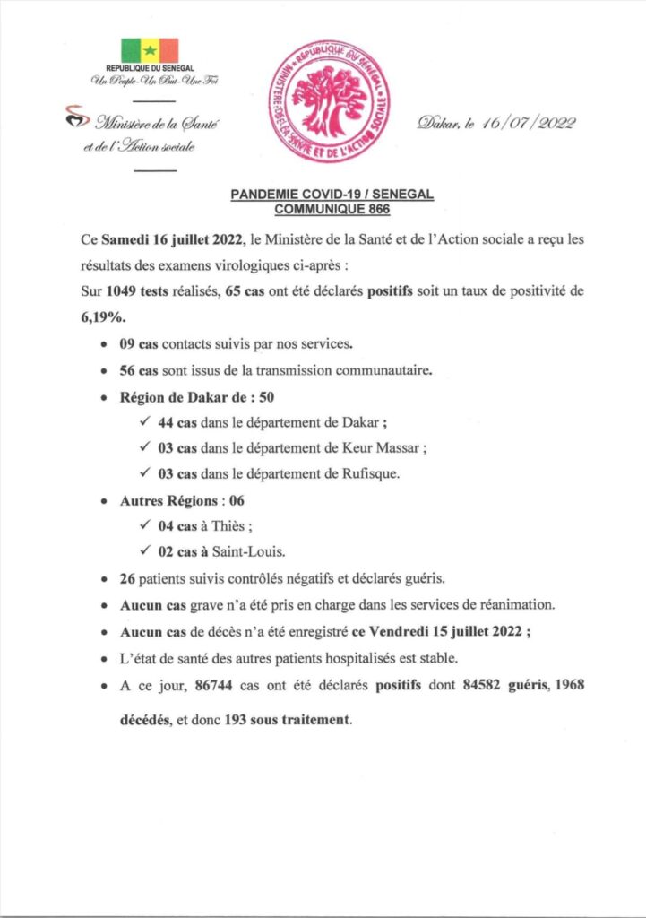 🇸🇳 COVID-19 Sénégal : Communiqué 868/16 Juillet 2022 2 293991768 365973165719932 8042556189347197671 n