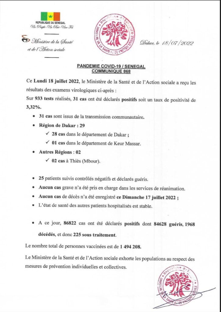 🇸🇳 COVID-19 Sénégal : Communiqué 870/18 Juillet 2022 2 294821782 367359495581299 28035473196062742 n