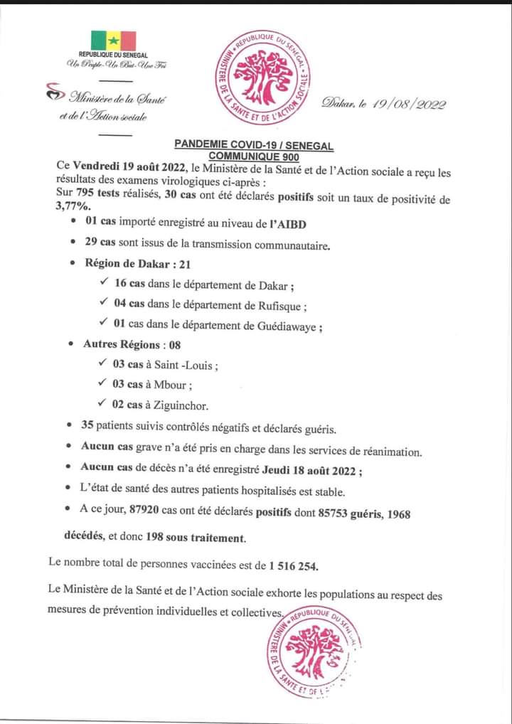🇸🇳 COVID-19 Sénégal : Communiqué 900/19 Aout 2022 2 FB IMG 1660908516596