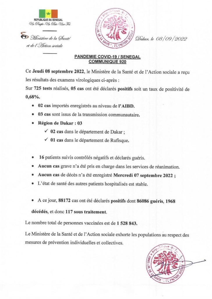 🇸🇳 COVID-19 Sénégal : Communiqué 920/08 Septembre 2022 2 FcIRQM7XEAAx7Cs