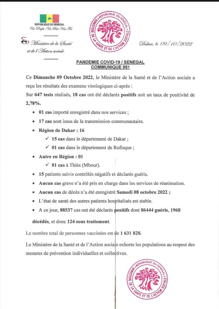 🇸🇳 COVID-19 Sénégal : Communiqué 951/09 Octobre 2022 2 FB IMG 1665318756856