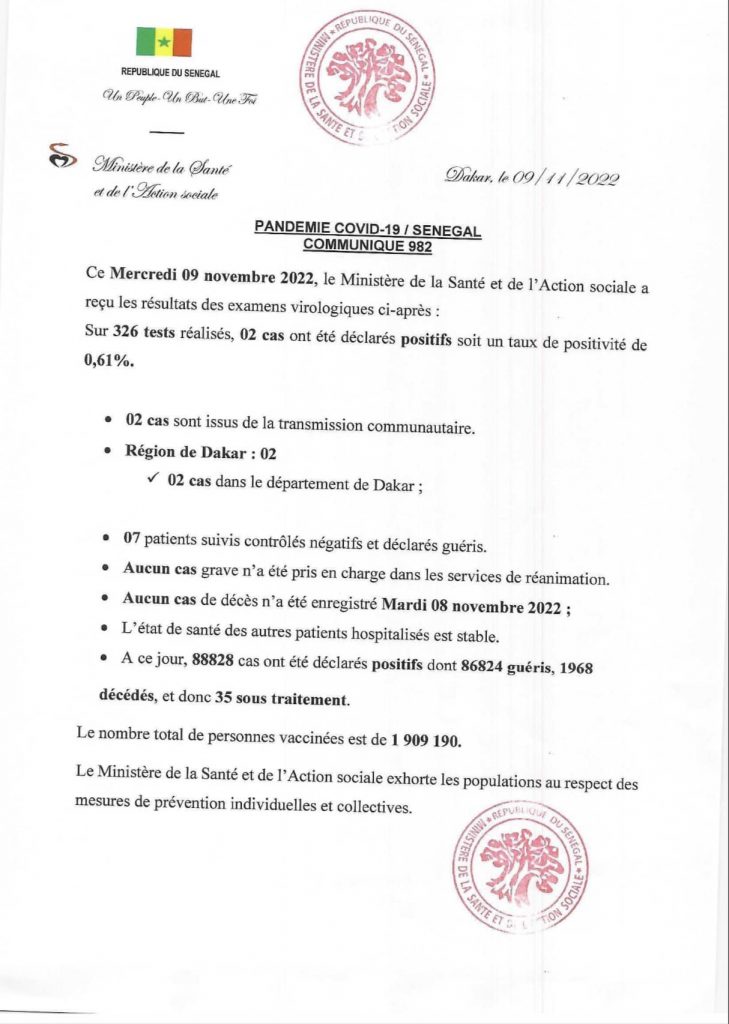 🇸🇳 COVID-19 Sénégal : Communiqué 982/09 Novembre 2022 2 315008296 447270680923513 6128454351012437808 n